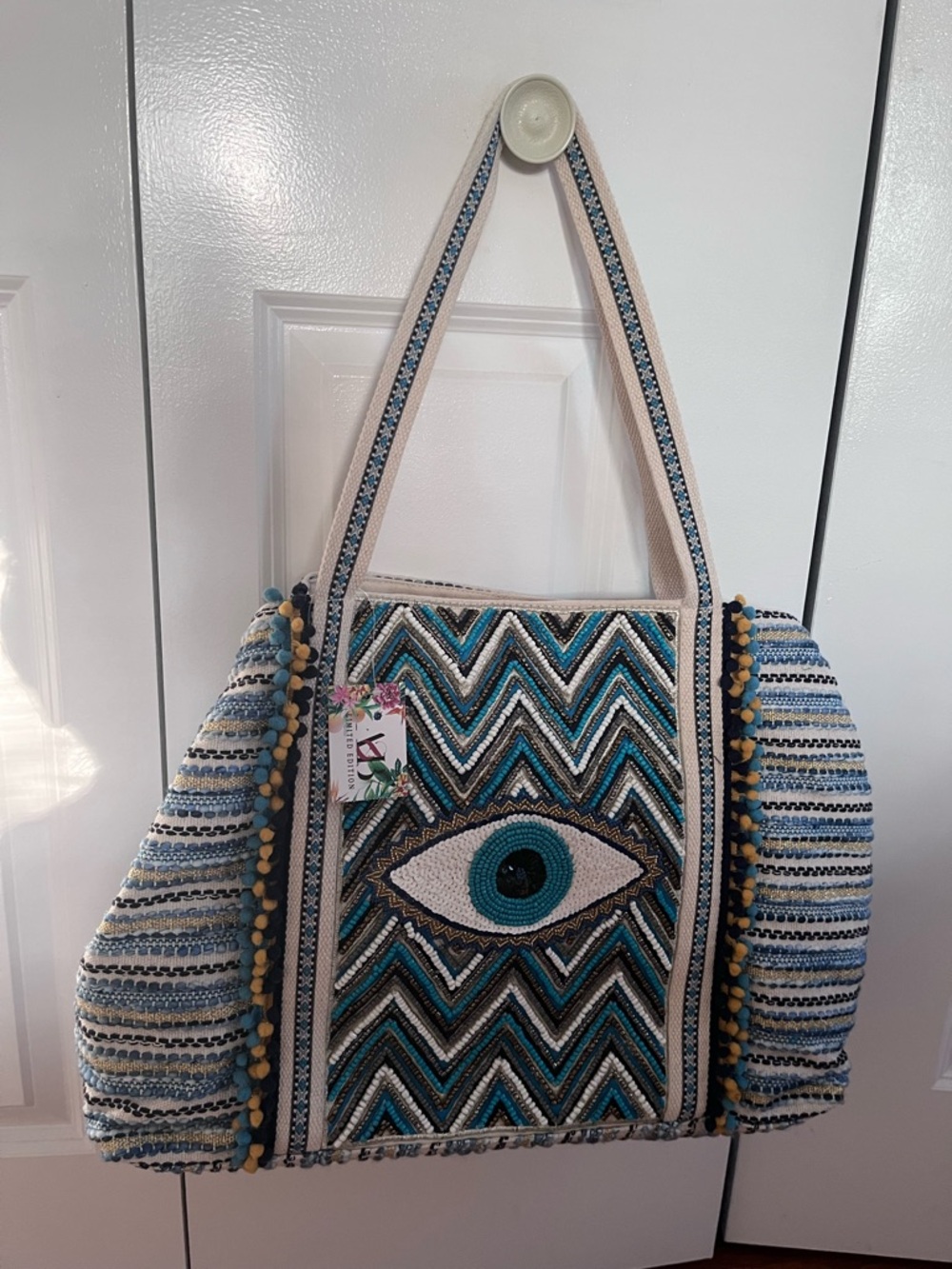 Beaded Blue Eye Tote Bag with Chevron Pattern